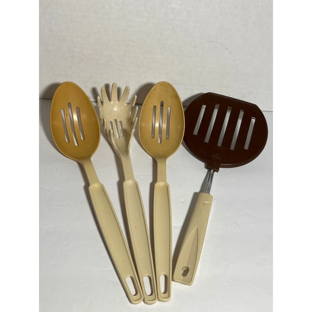Vintage Ekco Kitchen Utensil 4pc Slotted Spatula Spoons Pasta Server Brown Tan